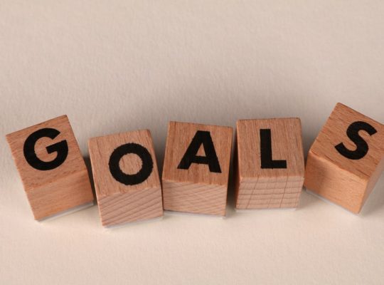Aligned wooden blocks spelling 'Goals' symbolize target achievement and ambition.
